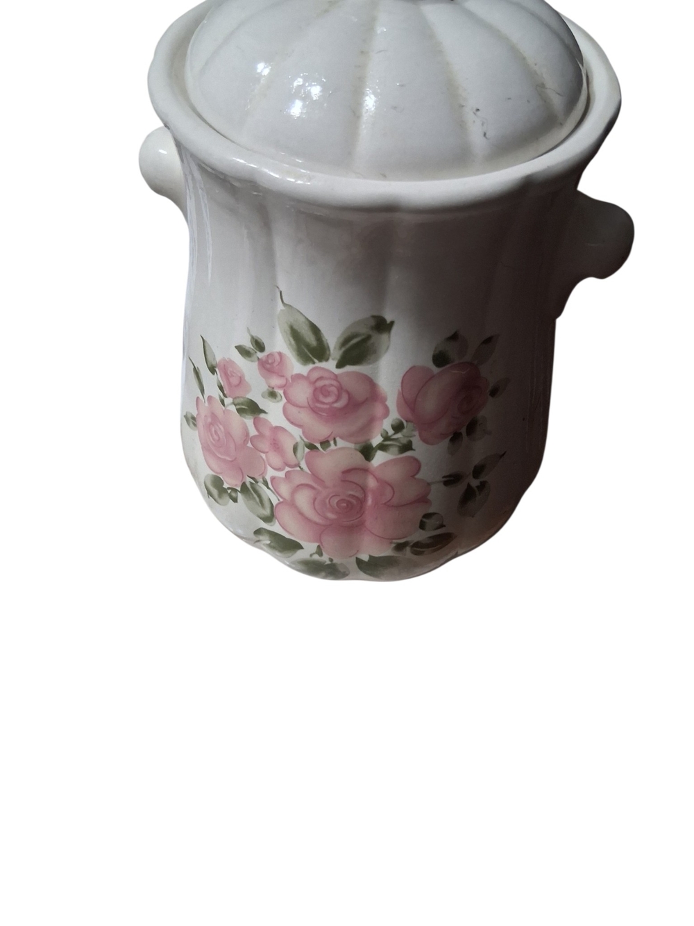 White Ceramic Floral Canister with Pink Rose Motif - Picture 3 of 6